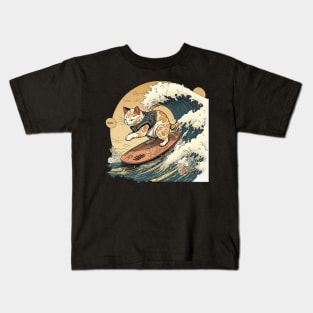 japanese cat surfing Kids T-Shirt